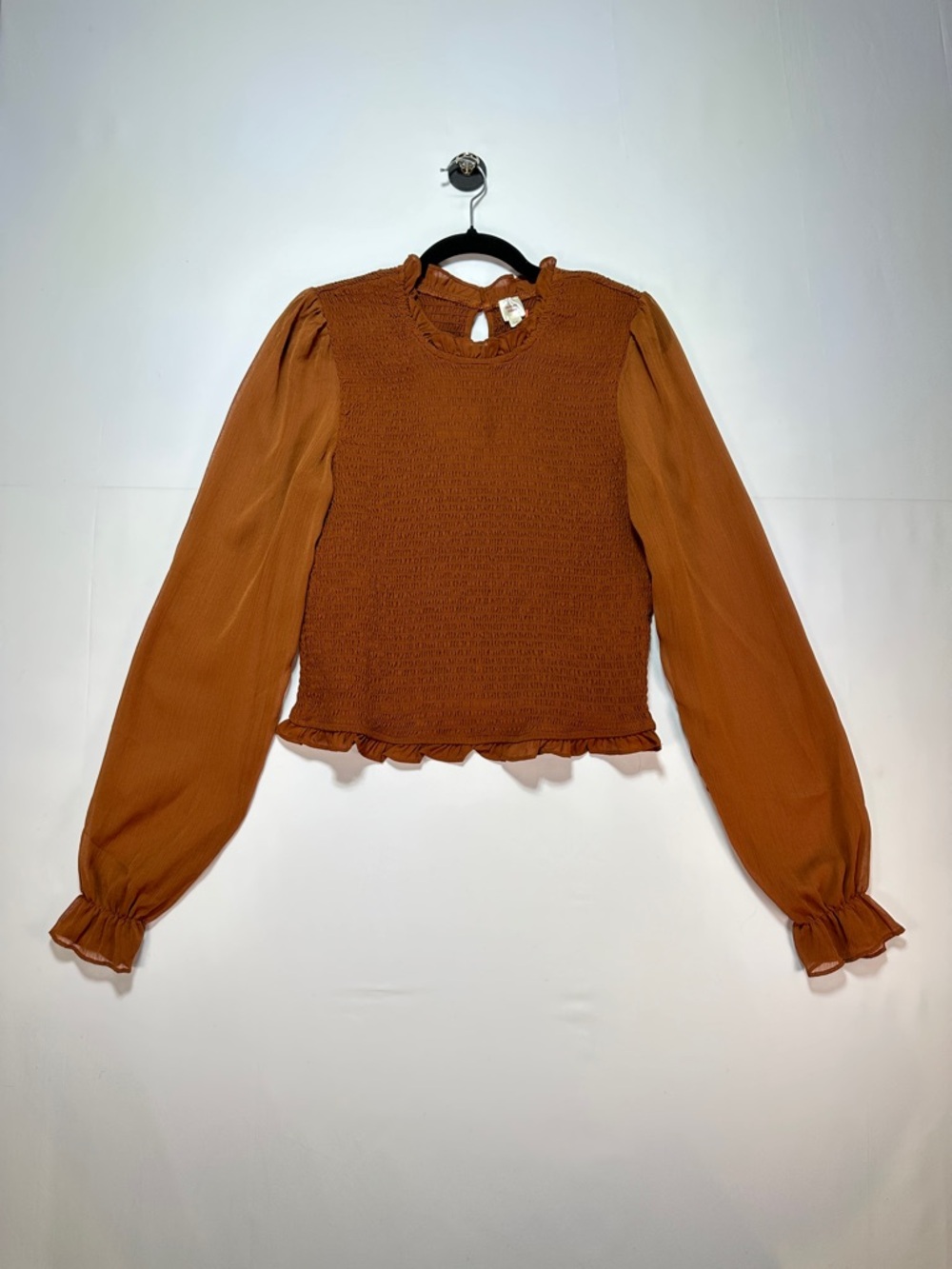 Autres Filles Smocked Blouse Rust Ruffle Neck Puff Sleeve Chiffon Size L